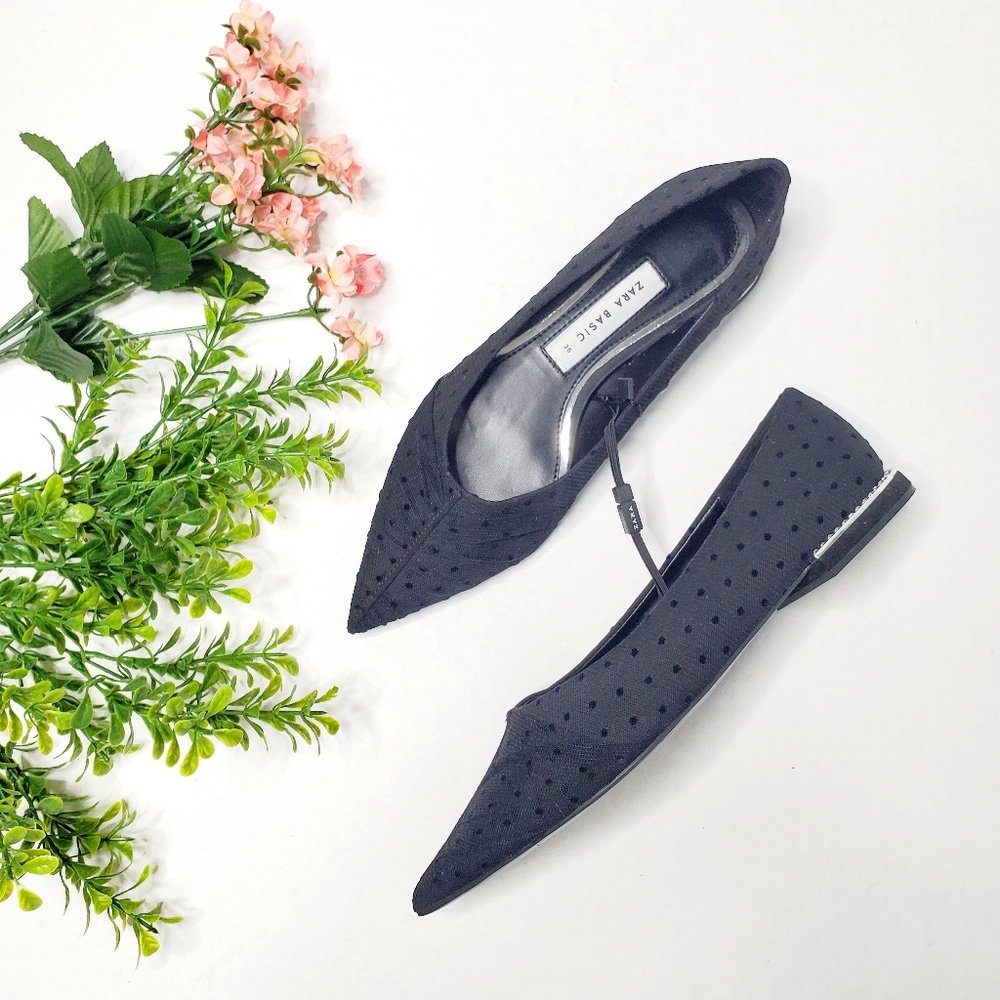 NWT Zara Gathered Mesh Polka Pointy Flats